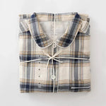 Men Brushed Cotton Vintage Plaid Stripe Pajama Set Lapel Collar Long Sleeve Top Pants Home Sleepwear Loungewear