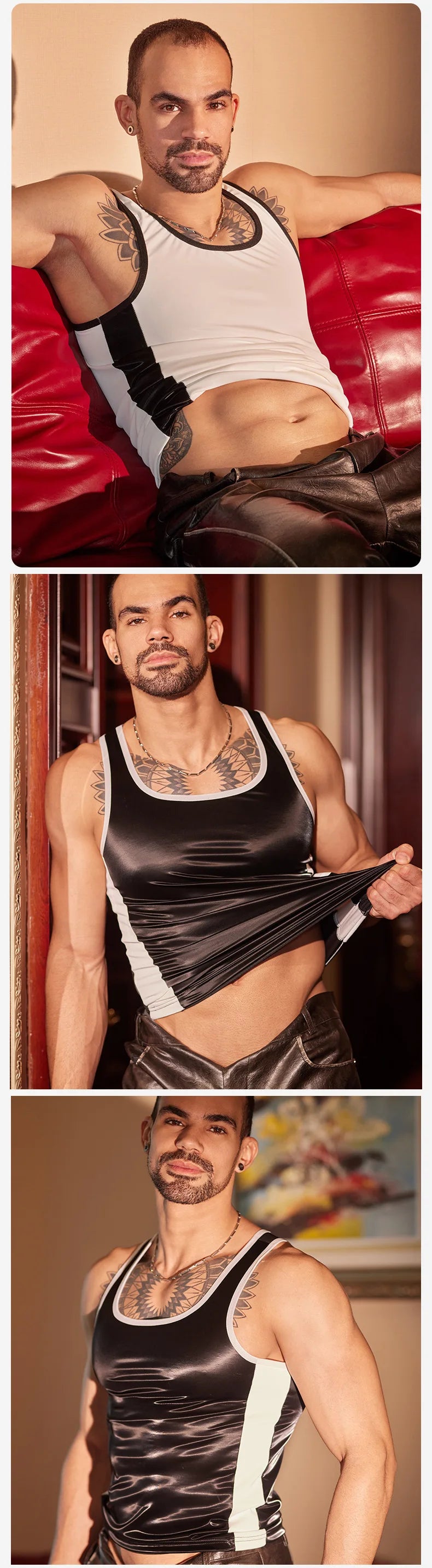 Sports Vest Men's Tight-Fitting Shirt Fitness Sexy Muscle Men's Leather Top Erotic Underwear Casaul Elegant Fashion Vest XOG8