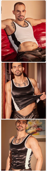 Sports Vest Men's Tight-Fitting Shirt Fitness Sexy Muscle Men's Leather Top Erotic Underwear Casaul Elegant Fashion Vest XOG8