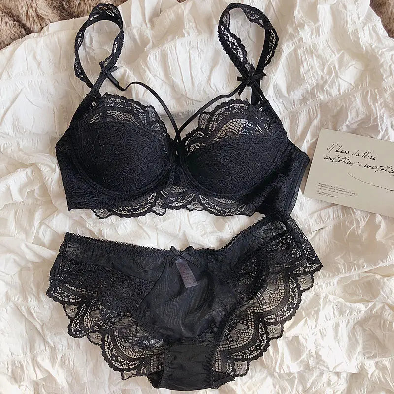 MOYISU Sexy French Lace Bralette Small Bust Cup Bra Set with Removable Straps & Push Up Pads, Soft Underwire Thin Girls Bra Top
