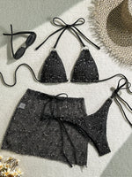 With Fishnet Sarong Skirt Halter Micro Bikini Women Swimwear Female Swimsuit Three-pieces Bikini Set Bathing Suit Swim Beachwear