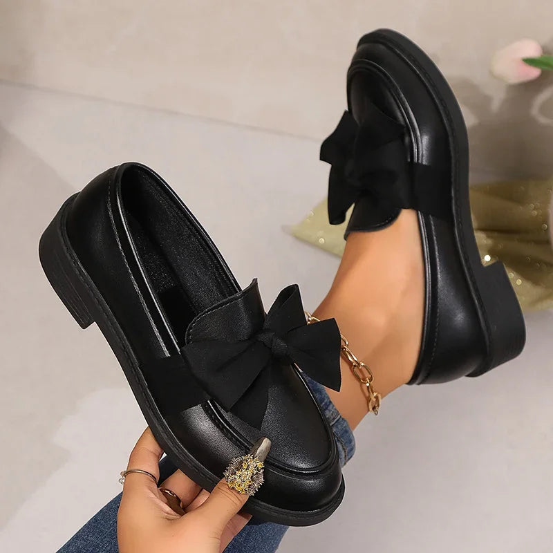 2025 Spring Black Bow Tie Loafers Women Preppy Platform Thick Sole Pumps Lady British Retro Style Office Pu Leather Shoes Mujer