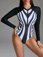 Striped One Piece Swimsuit 2025 New Long Sleeve Swimwear Women Bathing Suit Surf Training Racing Monokini Cut Out Swimming Suits