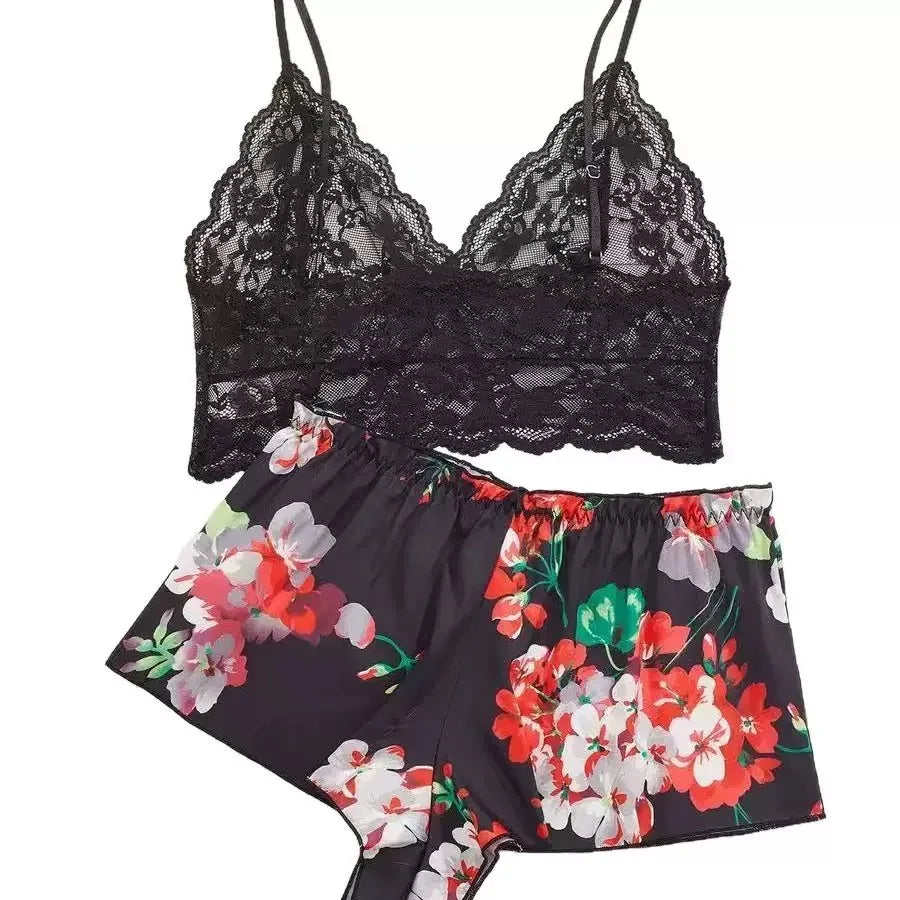 Women Floral Print 2 Piece Pajama Set Lace Spaghetti Strap Cami Top Bow Decor Satin Shorts Soft Silky Loungewear Ladies Sleepwea