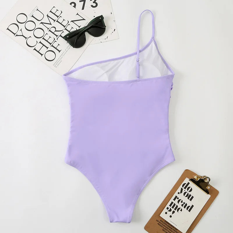 2026 Sexy One Shoulder One Piece Swimsuit 2022 Women Solid Black Neon Green Push Up Padded Bathing Suit Pleate Swimwear Monokini