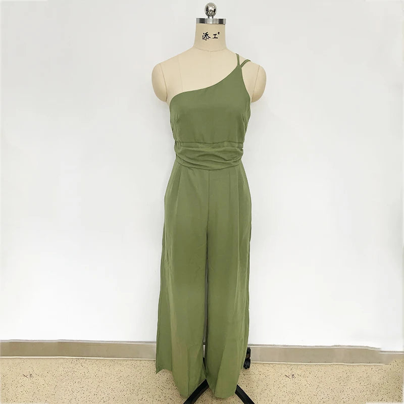 Foridol Waist Folds Backless Double Strap Casual Wide Leg Jumpsuit Long Pants Green 2025 New Female LooseJumpsuit