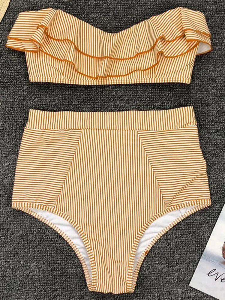 2025 Striped Top Ruffle High Waist Bikini Women Swimwear Female Swimsuit Two-pieces Bikini set Bandeau Bikinis Bathing Suit Swim