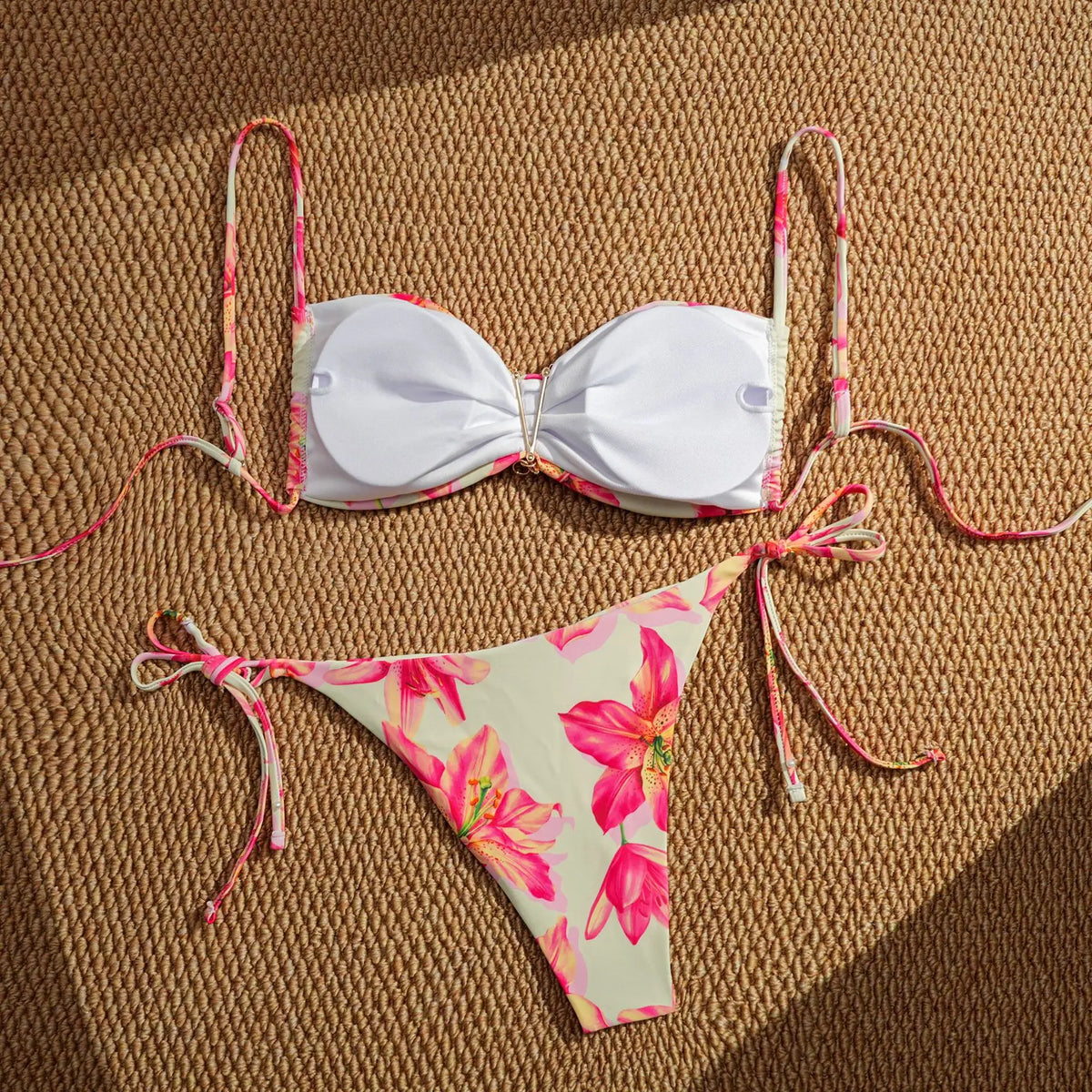 Sexy Pink Floral Print Micro Bikini 2025 Women Metal Starfish Ornament Pleate Push Up Thong Swimsuit Bathing Suit Pool Swimwear