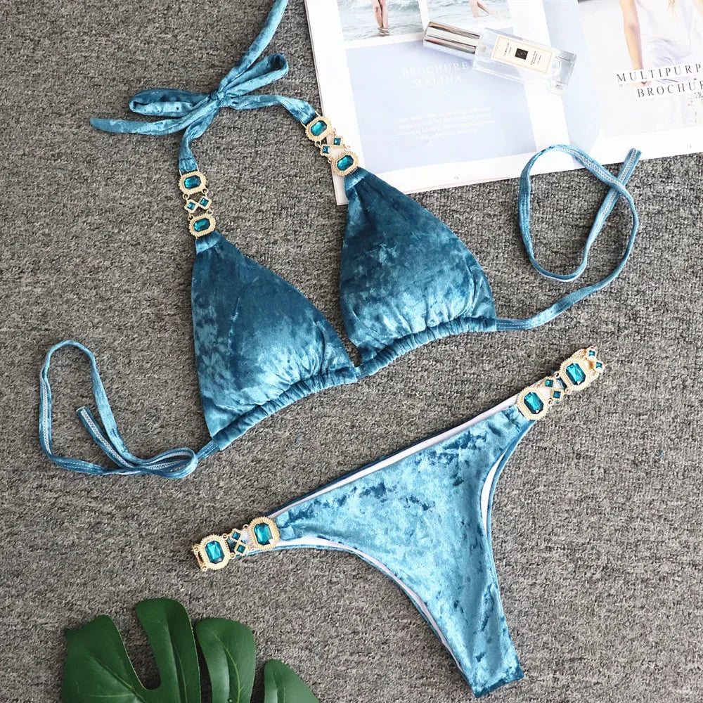 Luxury Rhinestone Bikini Women 2025 Sexy Orange Yellow Crystal Diamond Push Up Thong Swimsuit Beach Bathing Suit Tanga Swimwear