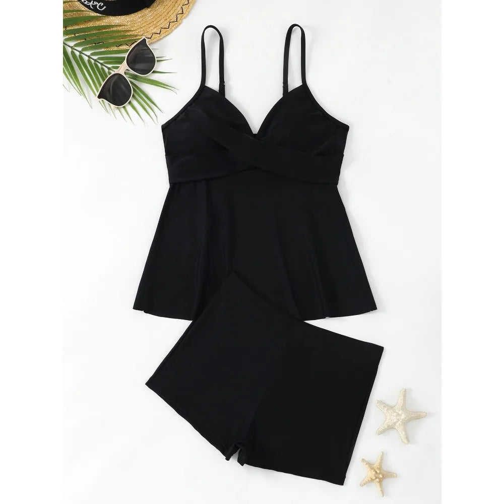 Summer Two Pieces Swimsuit Woman High Waisted Swimwear Female Tankini Sets Beach Wear Bathing Suit Sports Swimming Suit Shorts