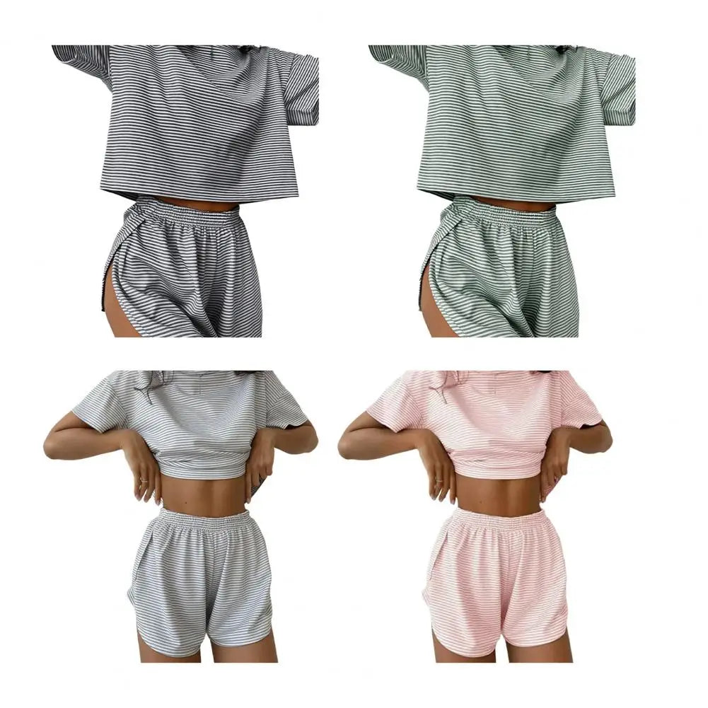 2 Pcs/Set Summer Sleepwear For Women Striped Printed Homewear Top Pants Suit Loose Short Sleeve T-shirt Elastic Waist Shorts
