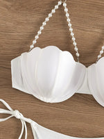 Sexy Pearls Strap Bikini Set 2025 Women White Push Up Underwire Tie Side Thong Swimsuit Summer Bathing Suit Swimwear Biquini