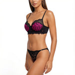 Hot girl rose pink leopard print patchwork lace lingerie set - sexy net fabric 3/4 cup shaping bra thong set ZA825182