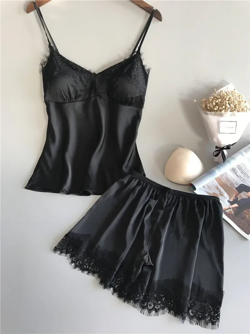 Women Summer Sleepwear Sexy Lace Satin Pajama Sets Lingerie Nightwear Sleeveless Tops+Shorts 2 Pcs Sets Loungewear