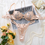 Nude Pink Floral Embroidery Lingerie Set Women Sheer Mesh Push Up Bra And Thong 2 Piece Sexy Transparent Lace Underwear ZA824031