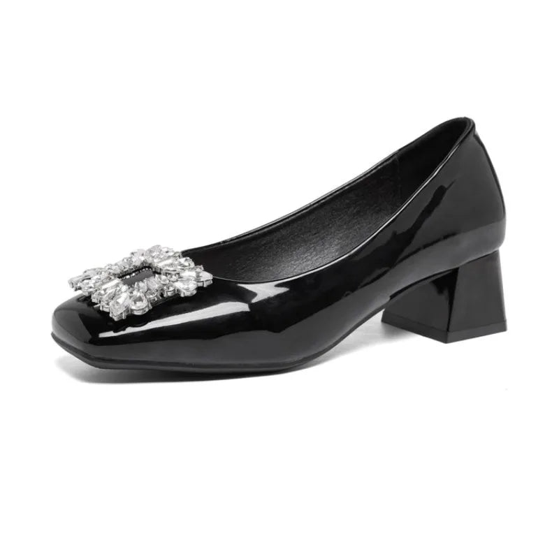Shallow Mouth Square Toe Rhinestone Square Buckle Single Shoes Women's New Professional Patent Leather Kitten Heel Shoes