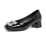 Shallow Mouth Square Toe Rhinestone Square Buckle Single Shoes Women's New Professional Patent Leather Kitten Heel Shoes