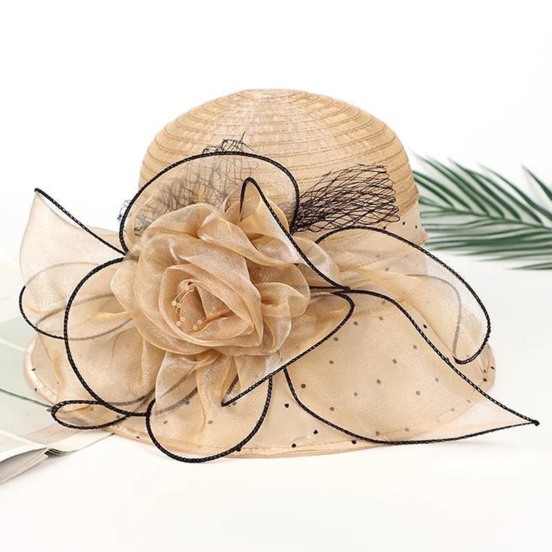 Women's Organza Flower Sun Hat Wide Brim Bucket Cap Wedding Church Dress Hat Fascinator Bridal Tea Party Hat