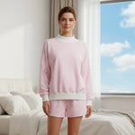 Striped Print Suits for Women Casual Loose Fit Stylish Crew Neck Long Sleeve Tops and Shorts Fall 2 Pcs Set
