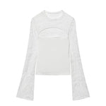 Women's Fashion Casual Lace Patchwork Hollow Bell Sleeve Blouse Women Pack Lace Sleeve Tops Black White Sheer Mesh Casual DOS5