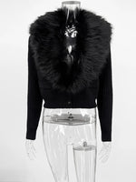Trendix Black Knit Cardigan For Women Winter Detachable Faux Fur Collar Short Tops Street Slim Party Elegant Outerwear Top Femme