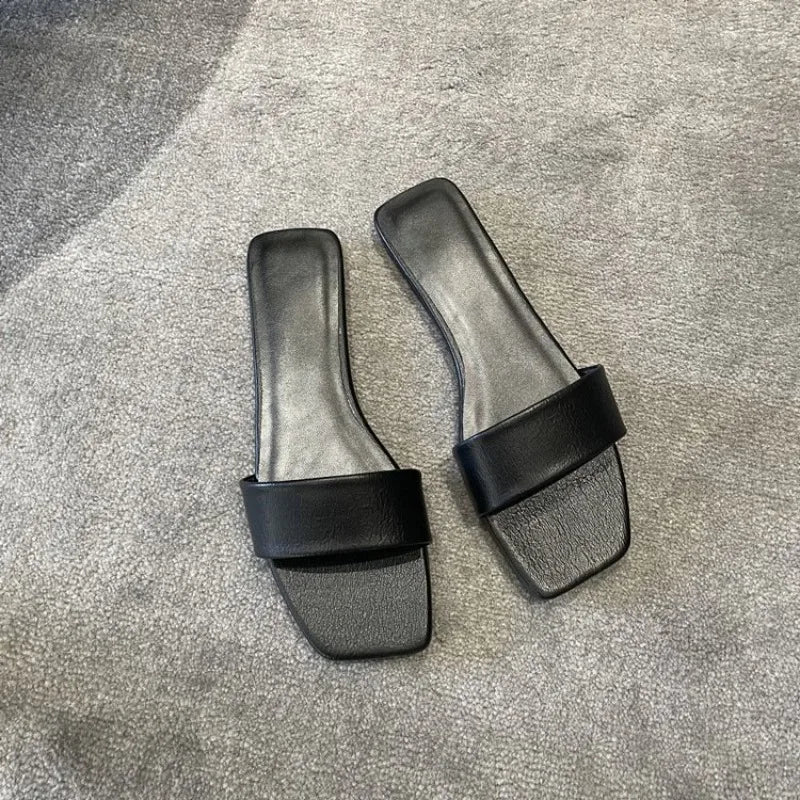 Ladies New Black White Flat Slippers Women Genuine Leather Peep Toe One Strap Mules Shoes Woman Summer Slides Comfort Clogs