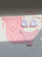 Pink Solid Color 3-piece Swimsuit Women 2026 Summer Beach Skirt Bikini V-neck Halter Backless Bathing Suit Summer Beach Swimwear