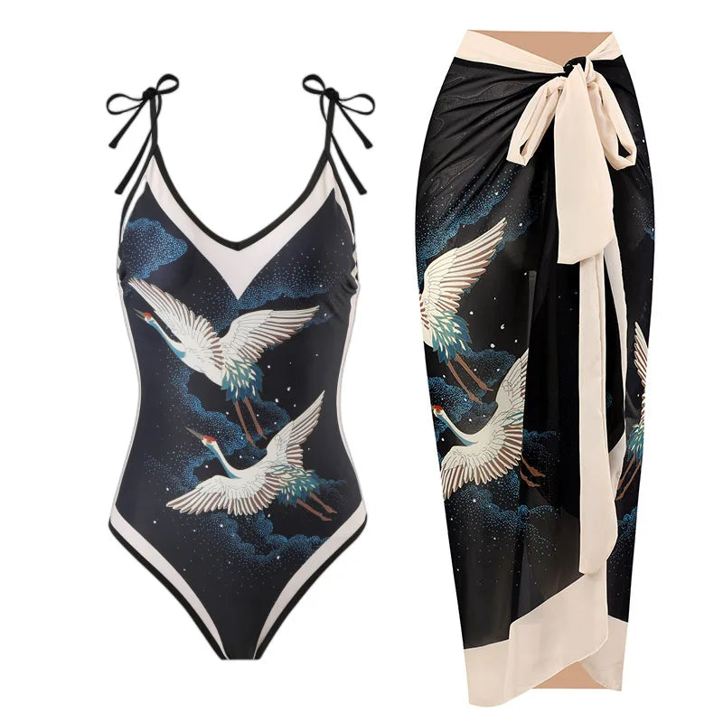 Sexy One-piece Swimsuit with Skirt Swimwear Women Flower Bird Print Body Bathing Suit Beach Swim Pool 2024 Female Swimming Suit
