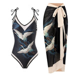 Sexy One-piece Swimsuit with Skirt Swimwear Women Flower Bird Print Body Bathing Suit Beach Swim Pool 2024 Female Swimming Suit