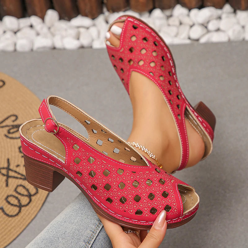 Vinatge Peep Toe Thick Heels Sandals Women Hollow Out Back Strap Rome Sandles Woman Plus Size 43 Lightweight Sandalias Mujer