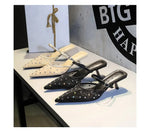 BIGTREE Crystal Mesh Fabric Pointed Toe Slippers Women Sexy Elegant Buckle Strap Party Prom Thin Low Heels Mule Shoes