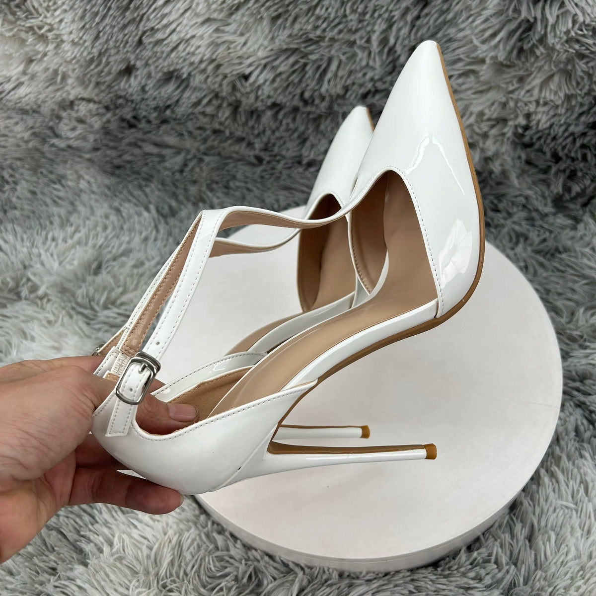 Bright white Cover Pointed Toe Sexy Woman Shoes Thin Super High Heel T-strap Grace Lady Pumps Breathable Summer Shallow Slip-on