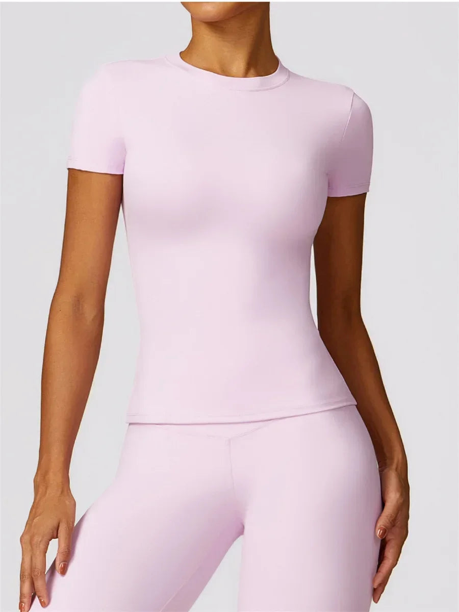 Yoga Shirts Women Summer Short Sleeve O Neck Sports Top Running Tee Quick Dry Pink Black Gym Fitness Workout T-Shirts Sportswear