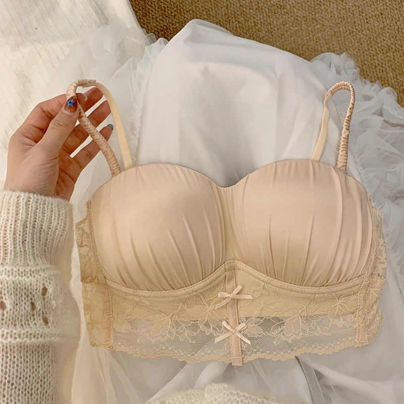 Elegant Luxury Lace Satin Bra for Petite Small Bust Women Sexy Gathered Back Design Push Up Comfort Soft Intimate Lingerie