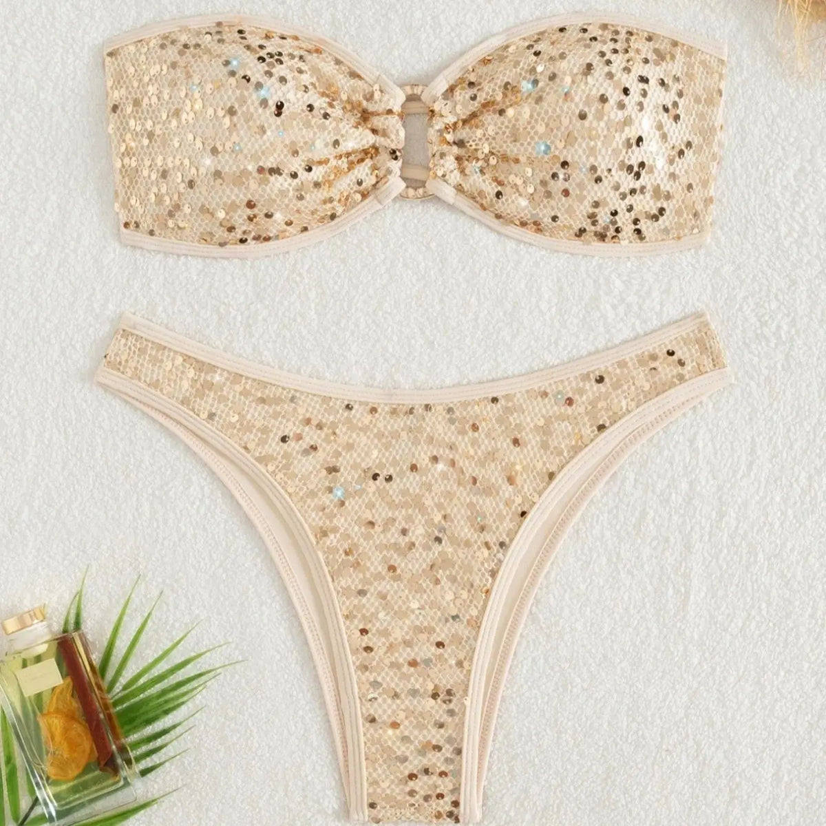 DEKA Gold Shiny Bandeau Bikini Set Women Sequin Front Ring Push Up Micro Swimsuit Summer Bathing Suit Thong Swimwear Biquin