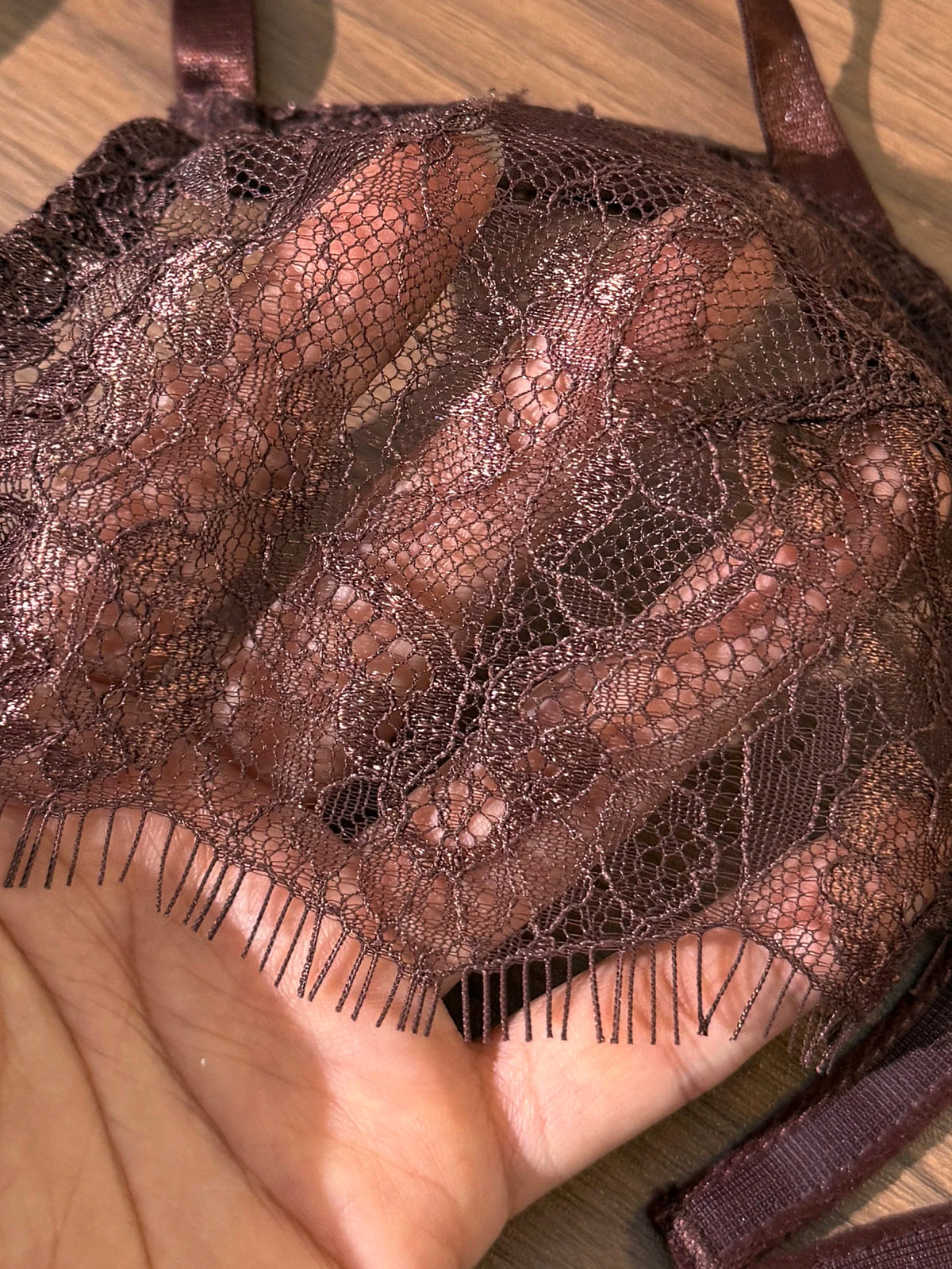 French Vintage Dark Brown Lace Lingerie Set Women Sexy Sheer Mesh Bralette Bra and Panty Thong 2 Piece Sets