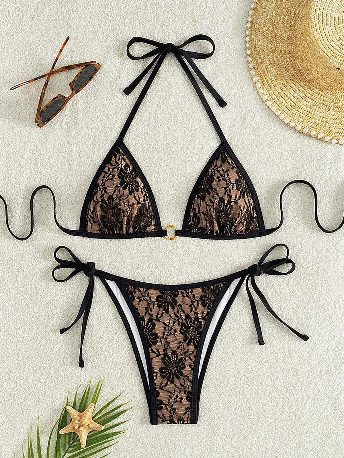 Embroidery Mesh Lace Halter High Cut Bikini Female Swimsuit Women Swimwear Two-pieces Bikini Set Bather Bathing Suit Swim Beach