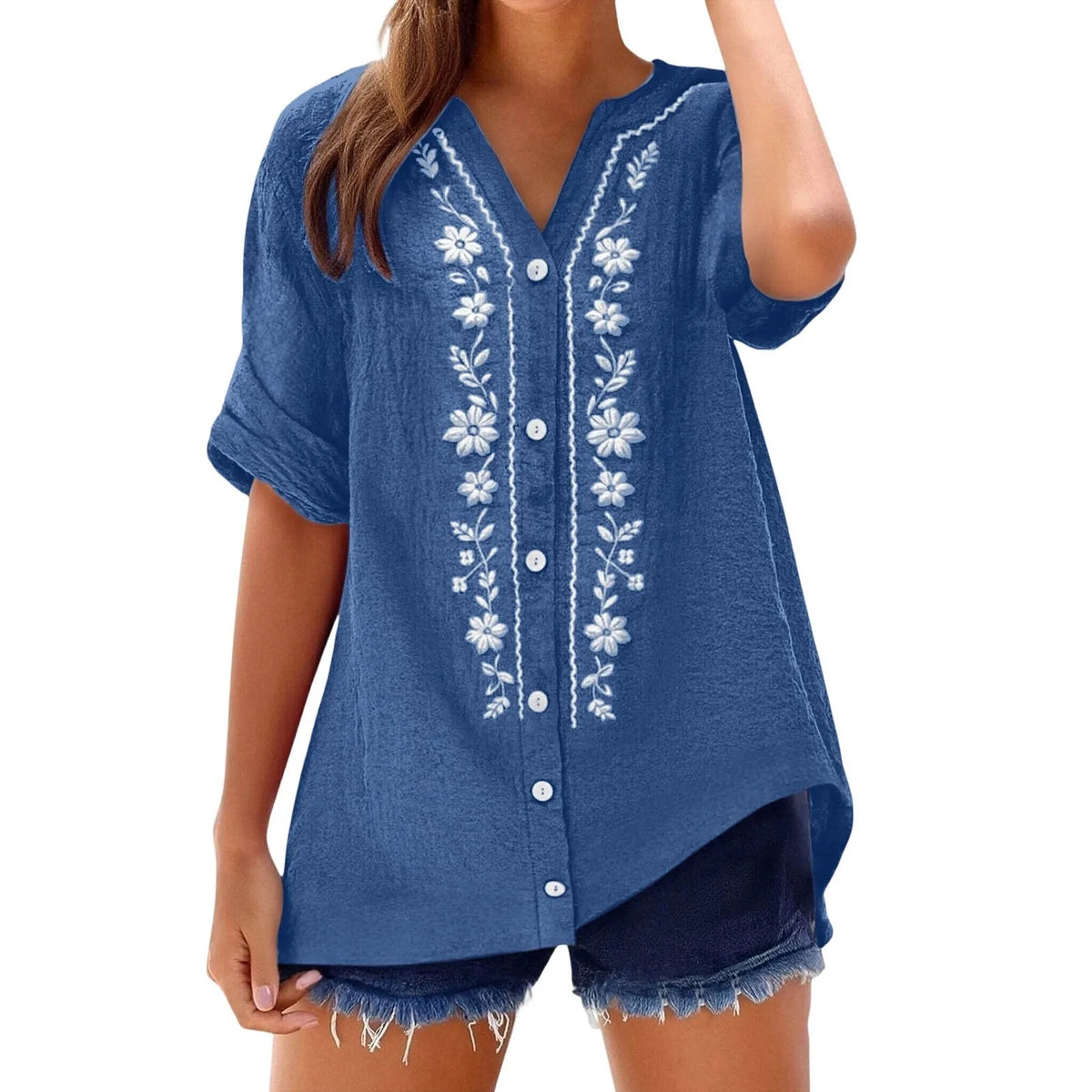 Womens V Neck Embroidered Linen Tunic Shirt Roll Up Sleeve Button Down Loose Fit Casual Boho Blouse Vintage Summer Beach Shirts