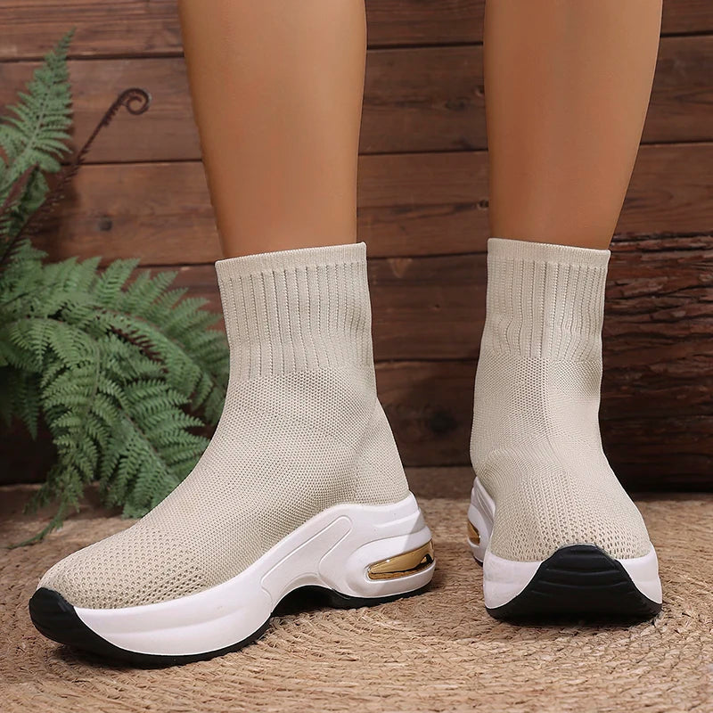 2025 Thick Bottom Knitted Ankle Boots Women Comfort Breathable Platform Sock Shoes Woman Plus Size Wedges Short Booties Mujer
