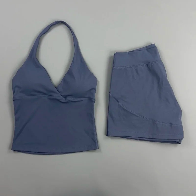 2 Piece Yoga Set Women Halter Deep V Neck Wrap Top Quick‑Dry Athletic Shorts Stretchy Gentle on Skin Suit Gym Workout Sportswear