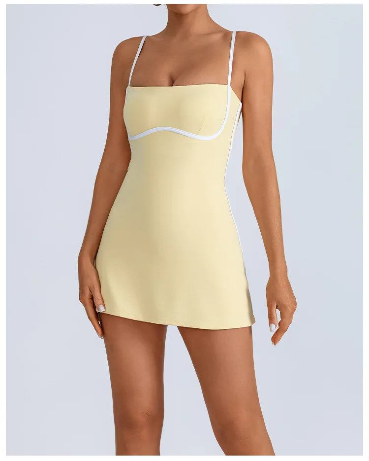 Women's Tennis Dress Summer Sleeveless Pink Contrast Workout Yoga Dresses Build in Shorts Fashion Tight Fitting Skirts Suit