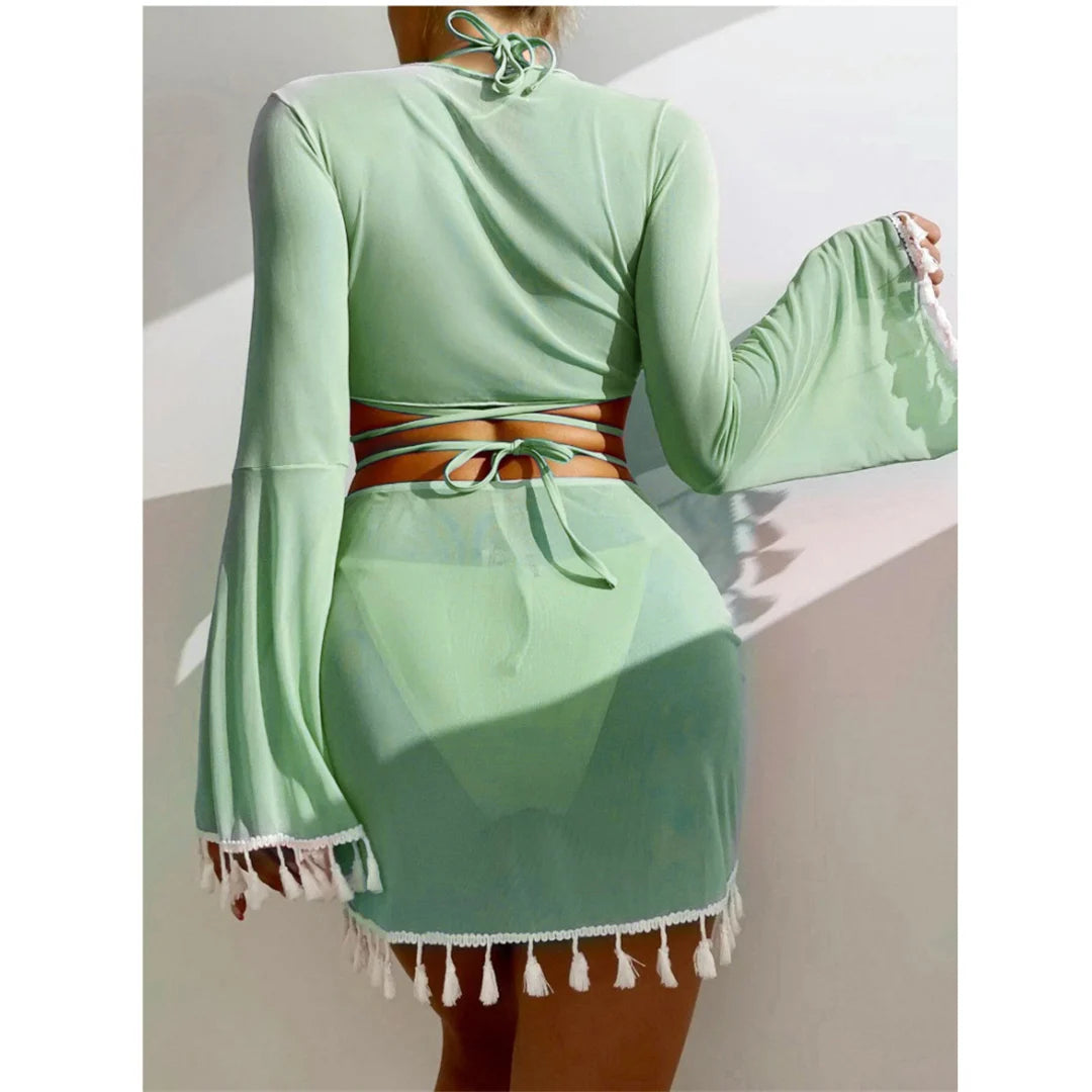 S - XL With Tassel Skirt Long Sleeve Bikini Women Swimwear Female Swimsuit Four-pieces Bikini set Bather Bathing Suit Swim V7060