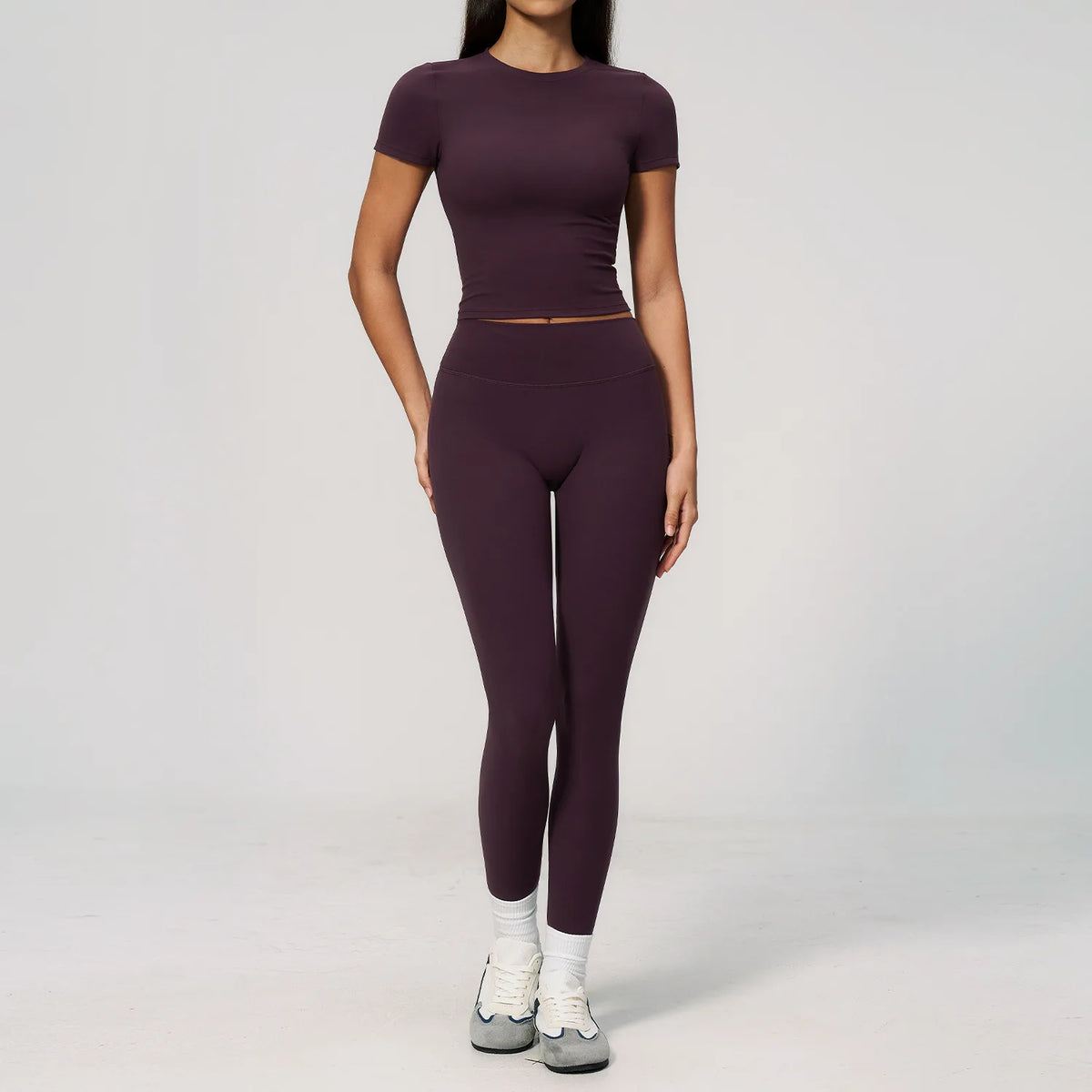 Creamy 2 Pieces Workout Suit Women Yoga Outfits Short Sleeve O Neck Slim Sports T Shirts High Waist Flare Pants Gym Fitness Sets