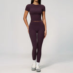 Creamy 2 Pieces Workout Suit Women Yoga Outfits Short Sleeve O Neck Slim Sports T Shirts High Waist Flare Pants Gym Fitness Sets