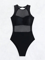 Sexy See Through One Piece Swimsuit 2025 Women Solid Black Mesh Transparent Hollow Out Backless Bathing Suit Swimwear Beachwear