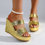 Chunky Wedges Gold Sandals Women Plus Size 42 High Heel Platform Slippers Woman Snake Pattern Pu Leather Summer Sandles Female