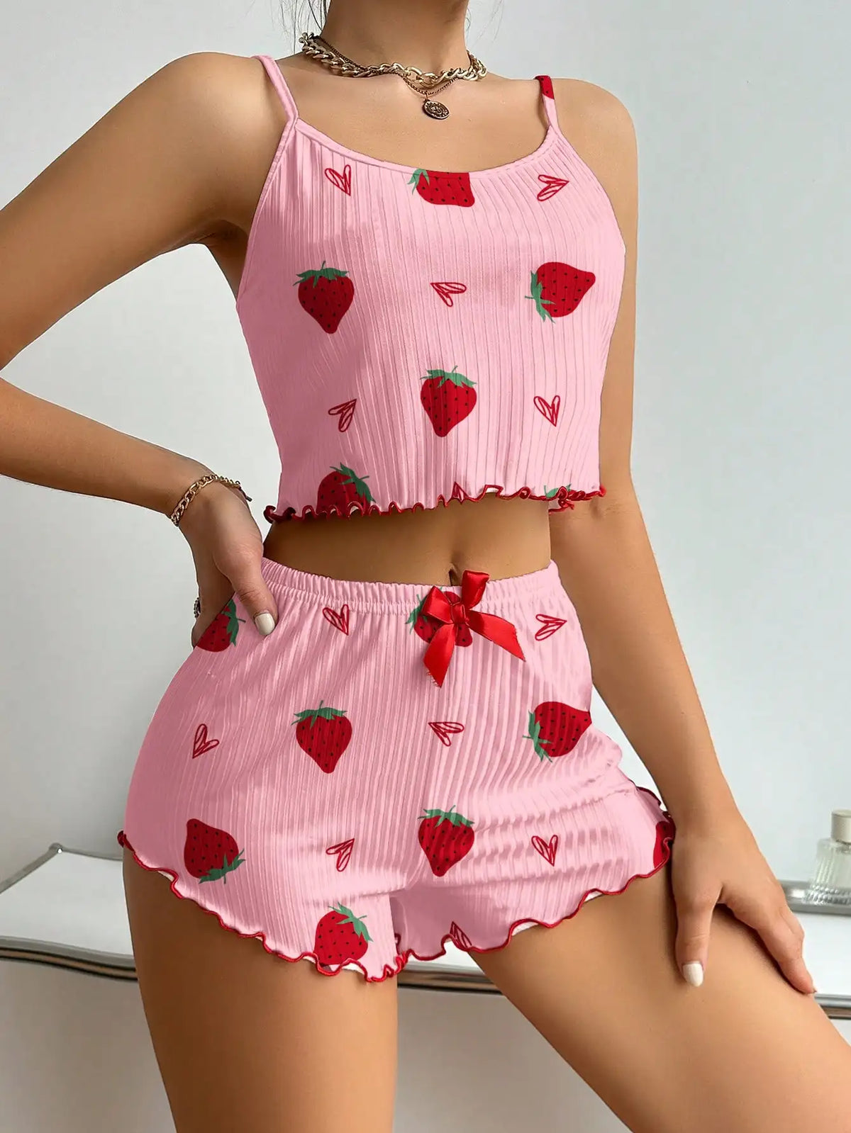 Sleepwear Women's Pajama Set Cherry Print Frill Trim Ribbed Round Neck Backless Crop Cami Top & Shorts Lounge Set
