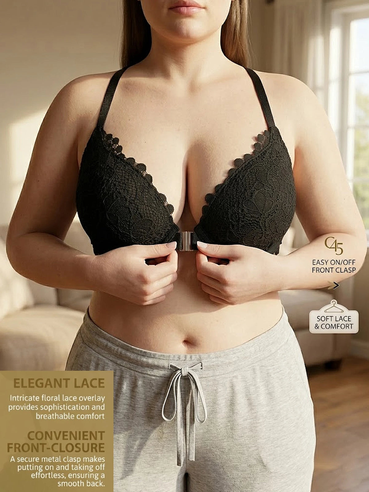 Plus Size Women's Floral Lace Push Up Bra Lace Backless Underwear with Underwire Side Support Minimizer Comfortable Lingerie