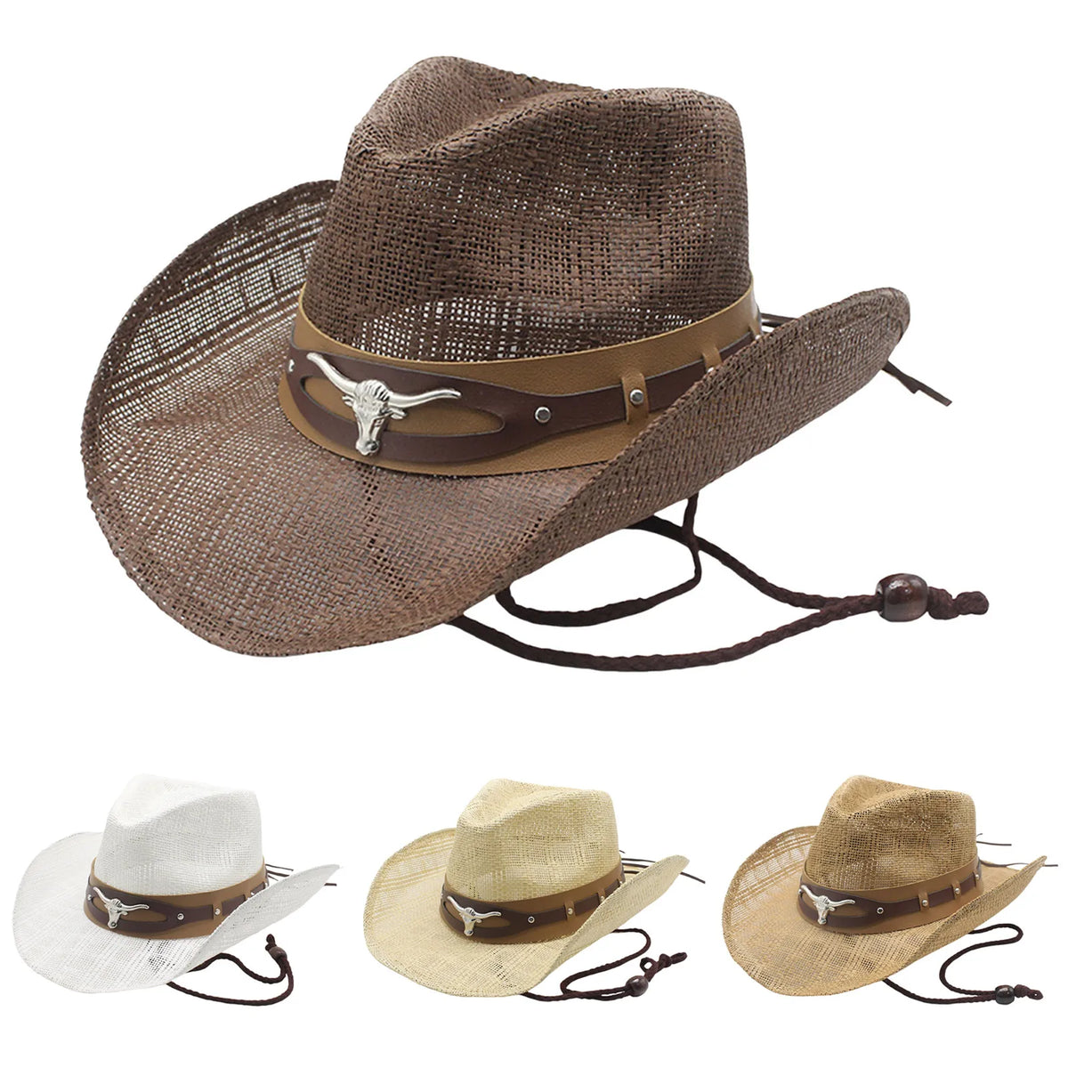 Womens Straw Cowboy Hat With Bull Head Wide Brim Breathable Western Hat With Chin Strap Sun Hat For Beach Outdoor Vacation 2026