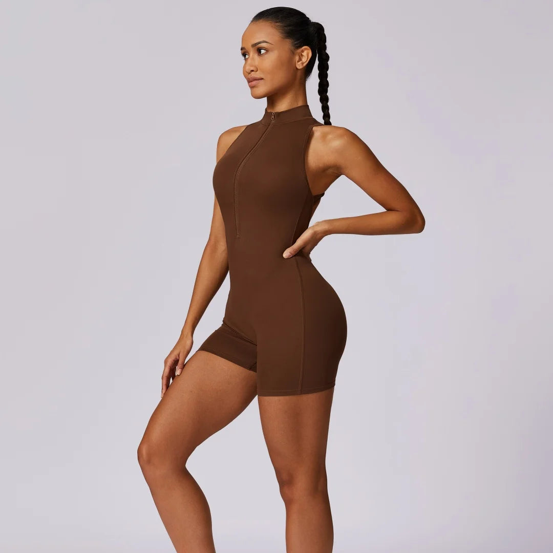 Solid Scrunch Back Waist Tight Yoga Jumpsuit Short Set Women Zipper Playsuit Gym Sportswear Fitness One Piece Sport Suit Workout